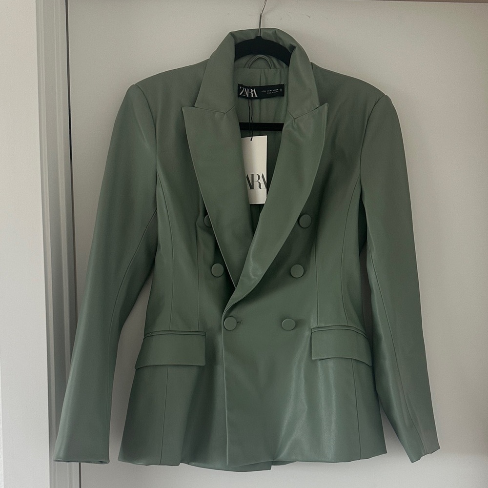 NWT! Zara Double-Breasted Faux Leather Blazer in Sage Green, Size M